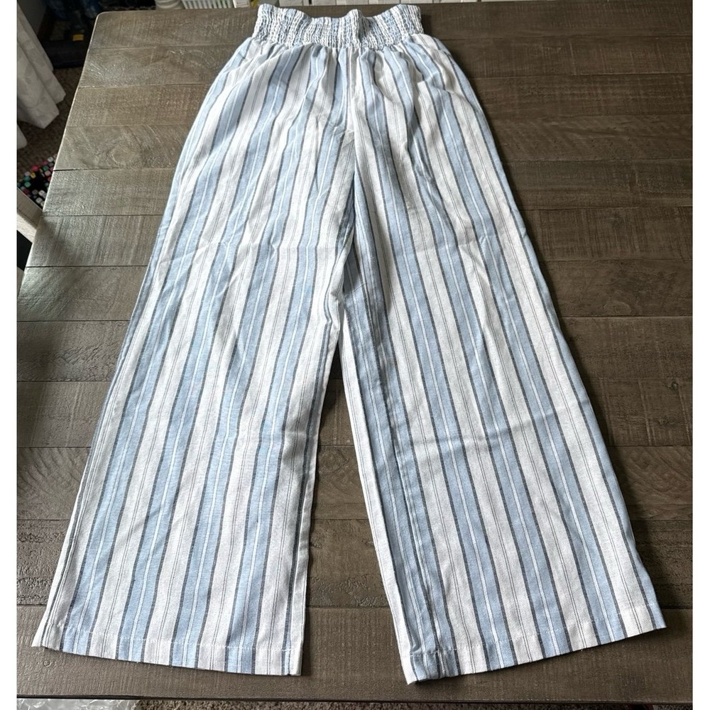 No Comment Wide Leg Striped Linen-Blend Pants - Blue & White